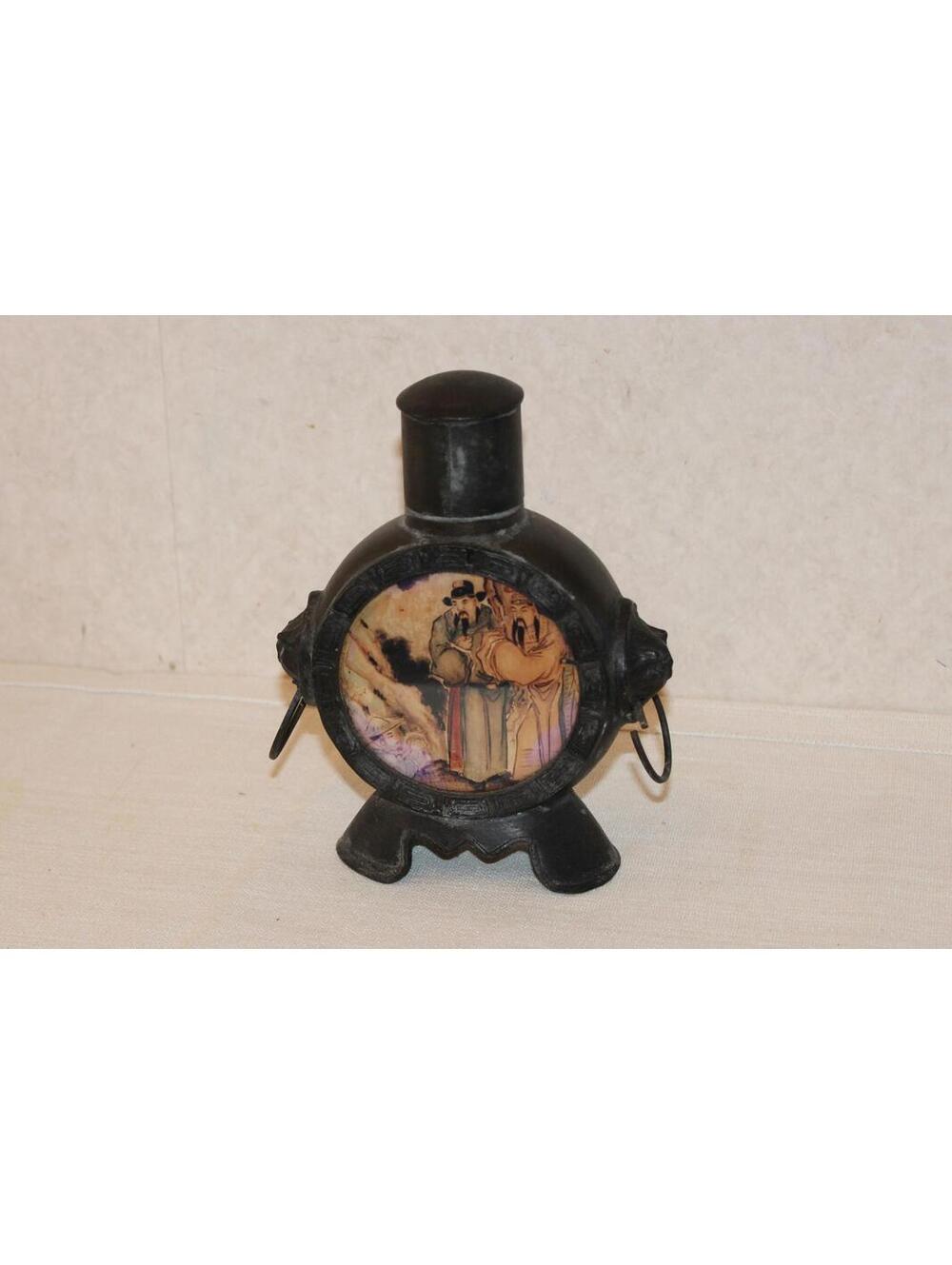Antique Asian Ornate Tooled Round Metal Tea Caddy Flask